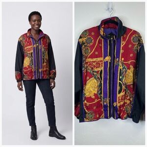 Vintage 80s 90s Baroque Windbreaker Jacket Size L Full Zip Pockets Colorful Art